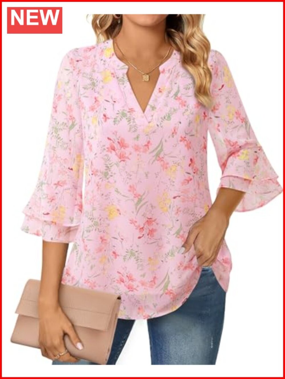 Double Layered Chiffon Tunic Top with 3/4 Flutter Bell Sleeves - Picture 1 of 6